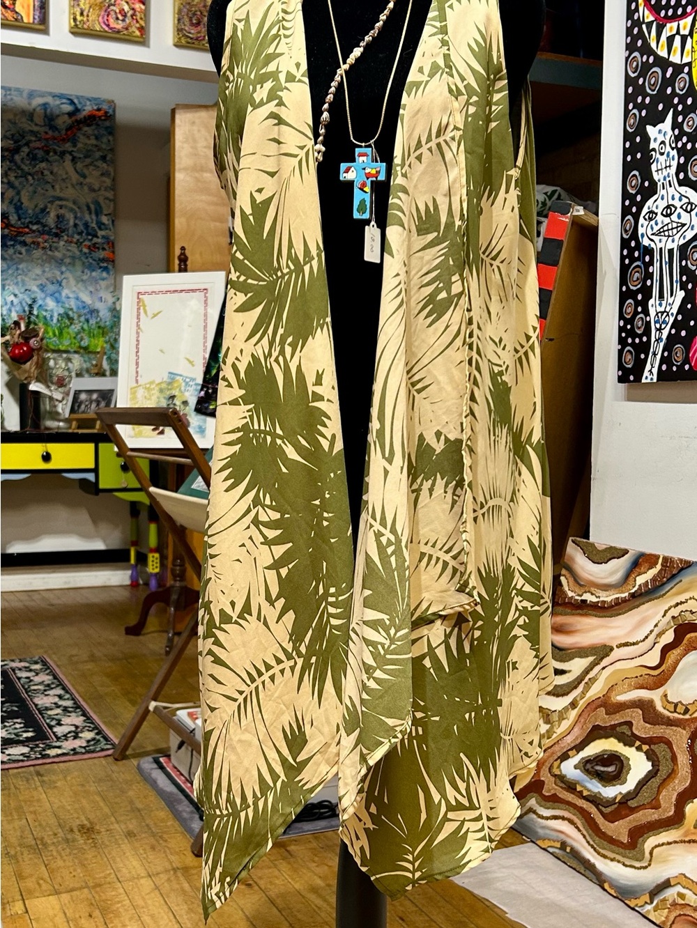 Charming Charlie Tropical Leaf Assymetric Kimono Vest - M